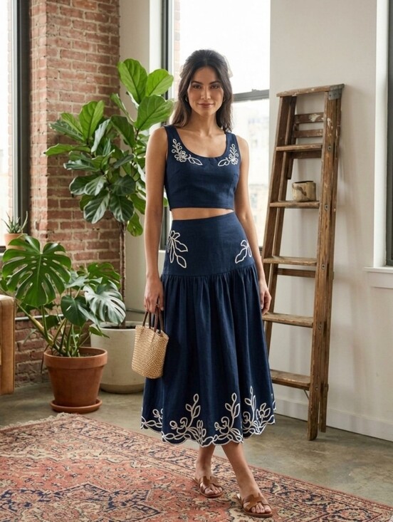 Dresses & Skirts - Embroidered Navy Blue Midi Skirt Set